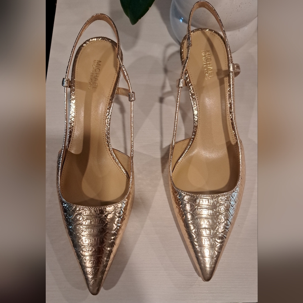 MICHAEL Michael KorsAlora Metallic Snake Embossed Leather Slingback Pump Sz 8